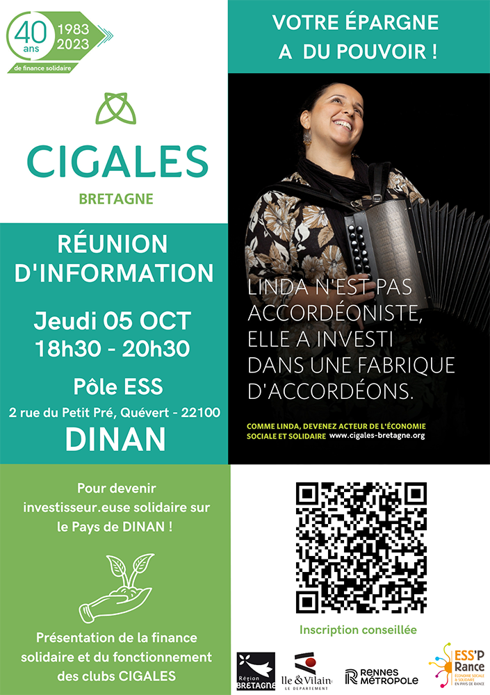 Réunion d'information CIGALES de Bretagne : Devenez investisseur.e solidaire ! Jeudi 5 octobre, 18h30, à Quévert